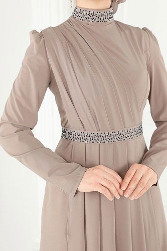 moda selvim فستان سهرة بيج ASM2611 - Thumbnail