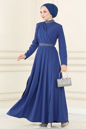 moda selvim Evening Dress ASM2611 Dark Indigo - Thumbnail