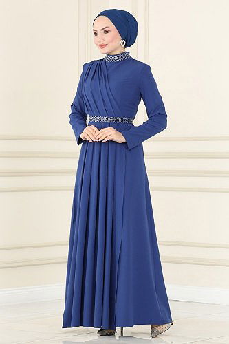 moda selvim Evening Dress ASM2611 Dark Indigo - Thumbnail