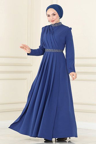 moda selvim Evening Dress ASM2611 Dark Indigo - Thumbnail