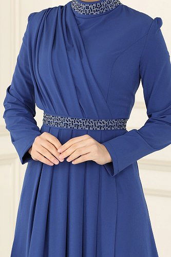 moda selvim Evening Dress ASM2611 Dark Indigo - Thumbnail