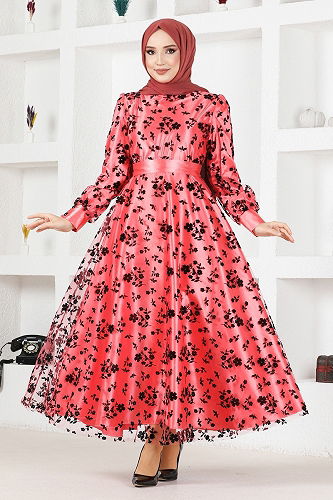 moda selvim Evening Dress ASM2677-M Pomegranate Blossom - Thumbnail