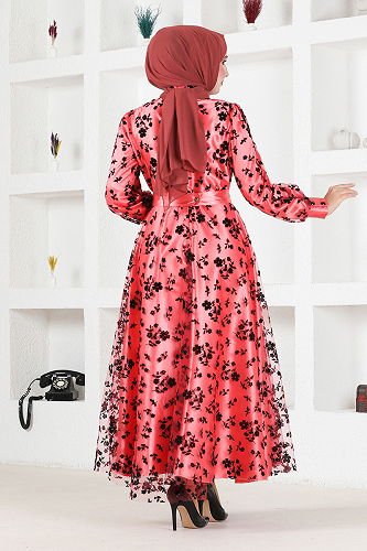 moda selvim Evening Dress ASM2677-M Pomegranate Blossom - Thumbnail