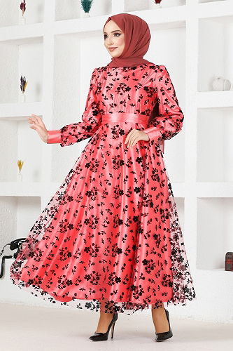 moda selvim فستان سهرة أحمر رماني ASM2677-M - Thumbnail