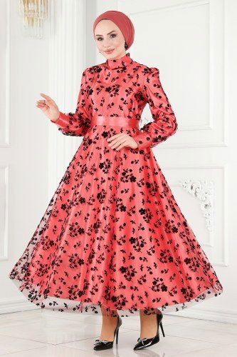 moda selvim Evening Dress ASM2677 Pomegranate Blossom - Thumbnail