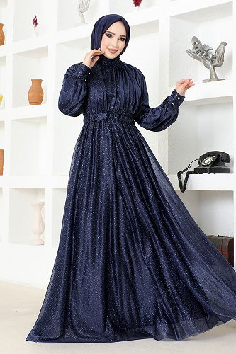 moda selvim Evening Dress ASM2689-M Navy Blue - Thumbnail
