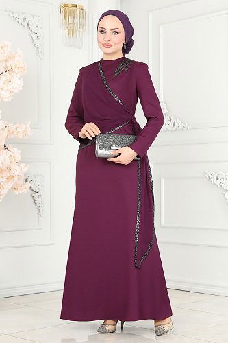moda selvim Evening Dress ASM2691 Damson - Thumbnail