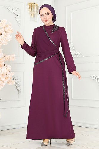 moda selvim Evening Dress ASM2691 Damson - Thumbnail