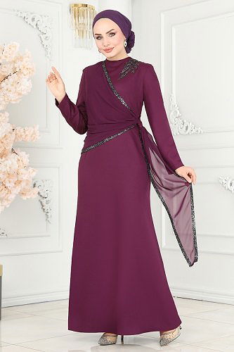 moda selvim Evening Dress ASM2691 Damson - Thumbnail