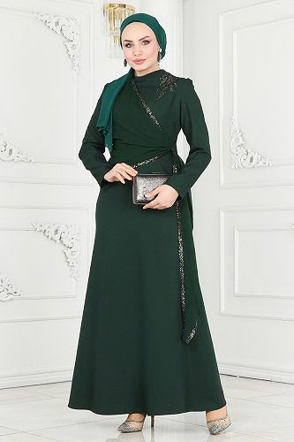 moda selvim Evening Dress ASM2691 Emerald - Thumbnail