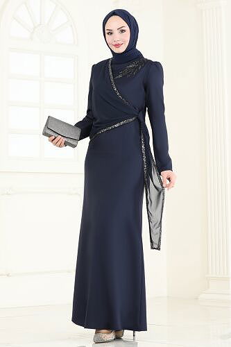 moda selvim Evening Dress ASM2691 Navy Blue - Thumbnail