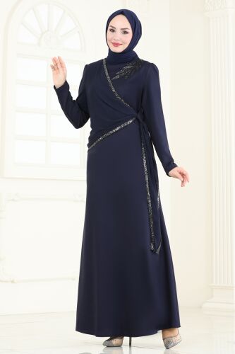 moda selvim فستان سهرة كحلي ASM2691 - Thumbnail