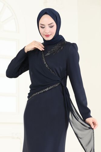 moda selvim فستان سهرة كحلي ASM2691 - Thumbnail