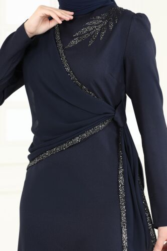 moda selvim فستان سهرة كحلي ASM2691 - Thumbnail