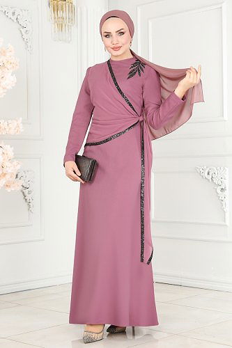 moda selvim فستان سهرة وردي ASM2691 - Thumbnail