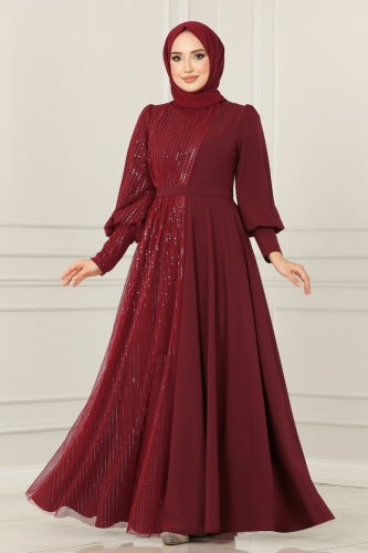 moda selvim EVENING DRESS ASM2703 Burgundy - Thumbnail