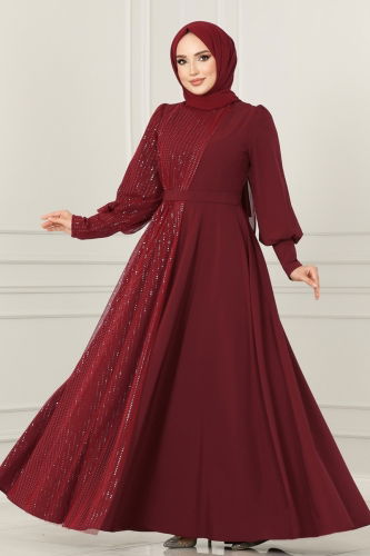 moda selvim EVENING DRESS ASM2703 Burgundy - Thumbnail