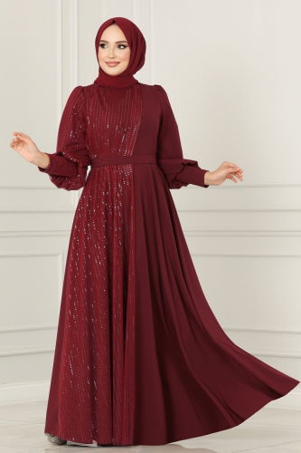 moda selvim EVENING DRESS ASM2703 Burgundy - Thumbnail