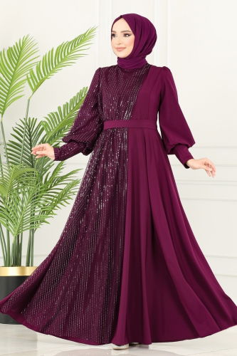 moda selvim Evening Dress ASM2703 Damson - Thumbnail