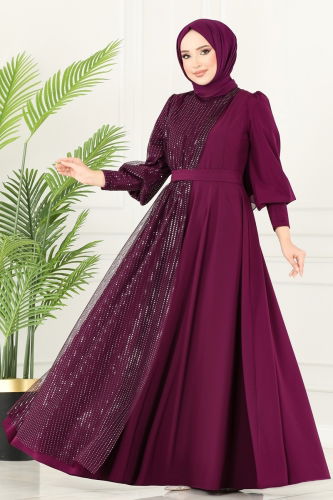 moda selvim EVENING DRESS ASM2703 Damson - Thumbnail