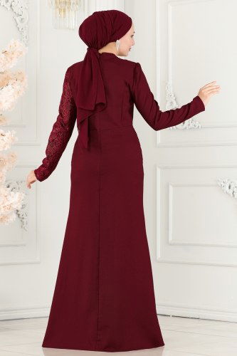 moda selvim Evening Dress ASM2707 Burgundy - Thumbnail