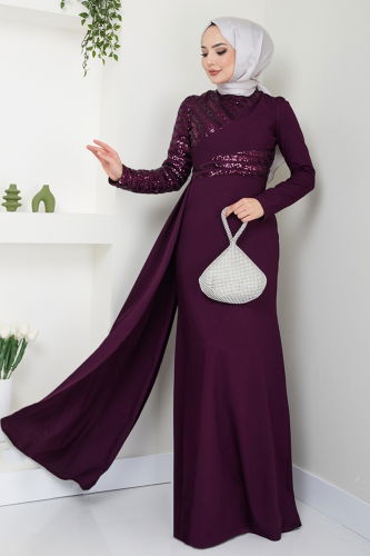 moda selvim EVENING DRESS ASM2711 Damson - Thumbnail