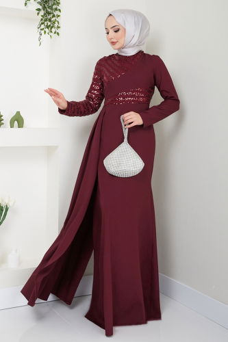 moda selvim EVENING DRESS ASM2711 Light Burgundy - Thumbnail