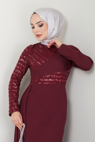 moda selvim Evening Dress ASM2711 Light Burgundy - Thumbnail