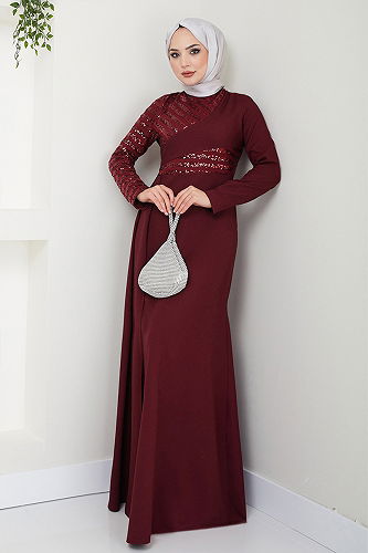 moda selvim EVENING DRESS ASM2711-M Burgundy - Thumbnail