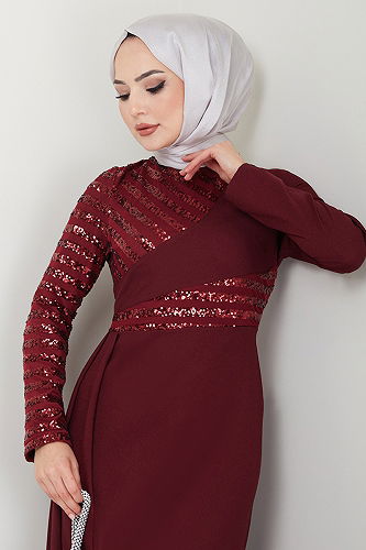 moda selvim EVENING DRESS ASM2711-M Burgundy - Thumbnail