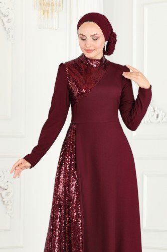 moda selvim Evening Dress ASM2719 Burgundy - Thumbnail