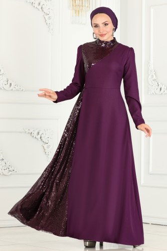 moda selvim فستان سهرة أرجواني ASM2719 - Thumbnail