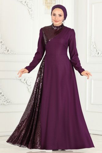 moda selvim فستان سهرة أرجواني ASM2719 - Thumbnail