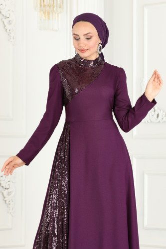 moda selvim فستان سهرة أرجواني ASM2719 - Thumbnail