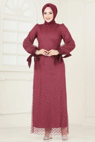 moda selvim فستان سهرة خمري ASM2740 - Thumbnail