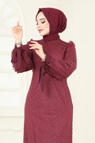 moda selvim فستان سهرة خمري ASM2740 - Thumbnail