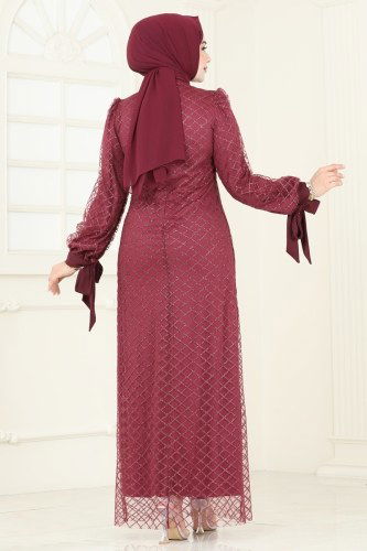 moda selvim فستان سهرة خمري ASM2740 - Thumbnail