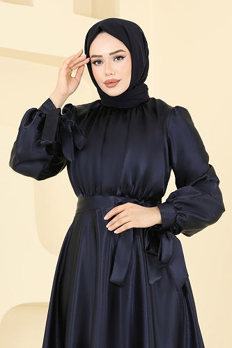 moda selvim فستان سهرة كحلي ASM2746 - Thumbnail