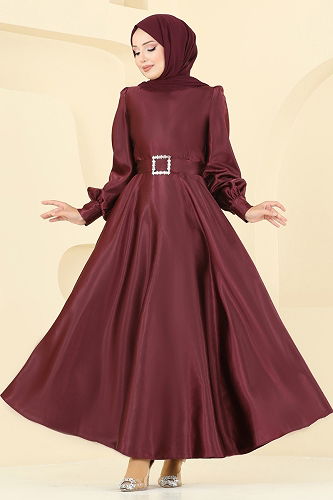 moda selvim Evening Dress ASM2753 Burgundy - Thumbnail