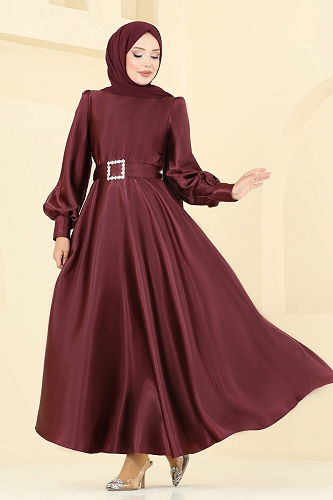 moda selvim فستان سهرة خمري ASM2753 - Thumbnail