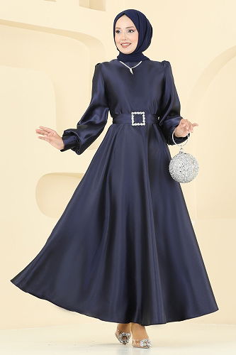 moda selvim فستان سهرة كحلي ASM2753 - Thumbnail