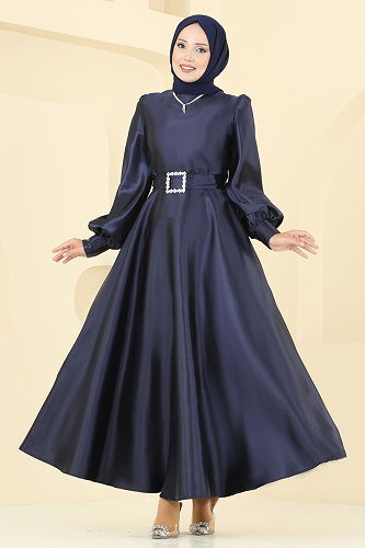 moda selvim فستان سهرة كحلي ASM2753 - Thumbnail