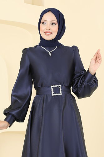 moda selvim فستان سهرة كحلي ASM2753 - Thumbnail