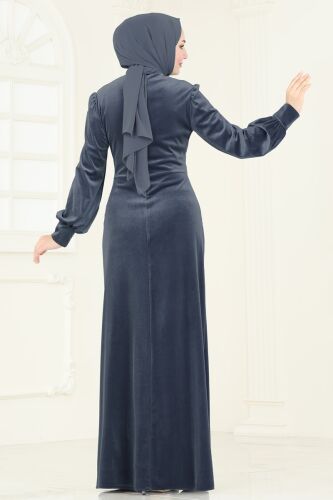 moda selvim فستان سهرة رمادي غامق ASM2768 - Thumbnail