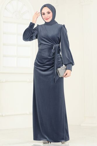 moda selvim فستان سهرة رمادي غامق ASM2768 - Thumbnail