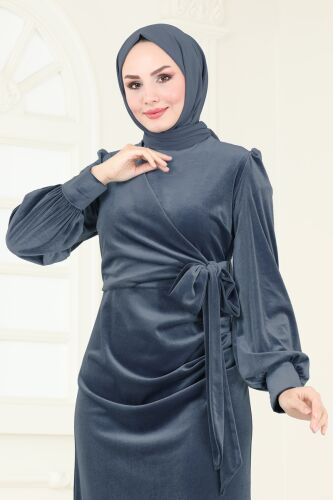 moda selvim فستان سهرة رمادي غامق ASM2768 - Thumbnail