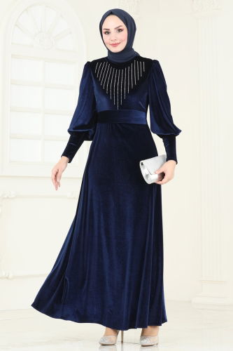 moda selvim Evening Dress ASM2769 Navy Blue - Thumbnail