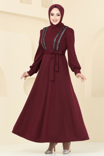 moda selvim Evening Dress ASM2771 Burgundy - Thumbnail