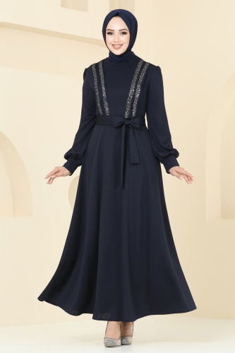 moda selvim Evening Dress ASM2771 Navy Blue - Thumbnail