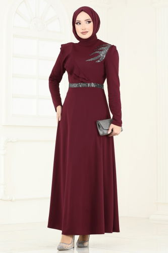 moda selvim Evening Dress ASM2772 Burgundy - Thumbnail